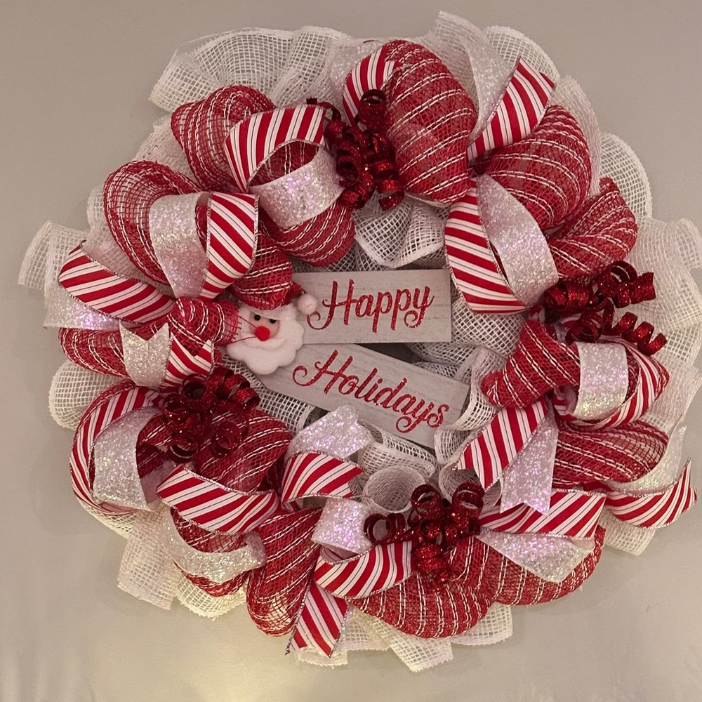 Candy Cane Christmas Wreath – Red & White Mesh, Holiday Ribbon, Made to Order